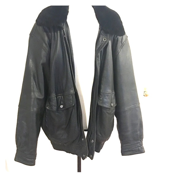 Shearling fur leather bomber jacket large black - Picture 8 of 8